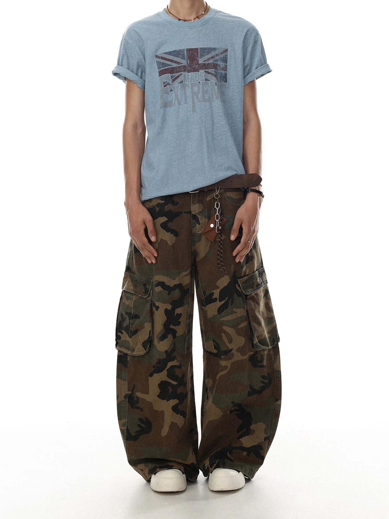 American Style Loose Wide Leg Casual Pants for Men with Multiple Pockets Camouflage Workwear Trousers Summer Trendy Cotton