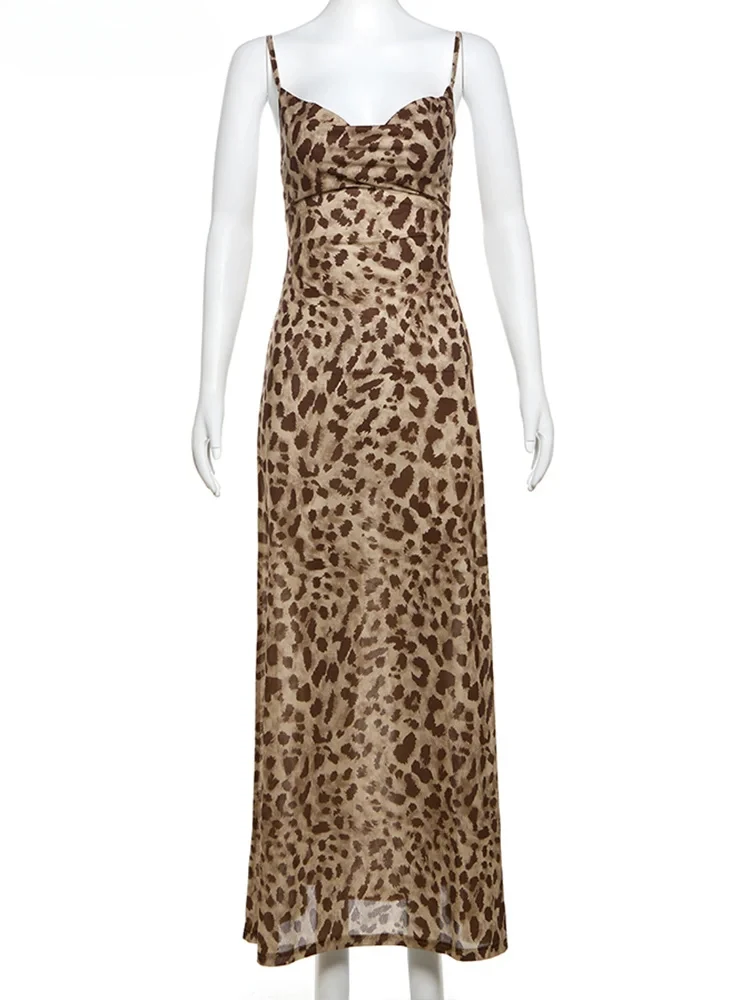 Mooyufon leopardo impressão vestido mulher verão sexy gola balanço cintas de espaguete sem costas babados festa clubwear vestidos magros