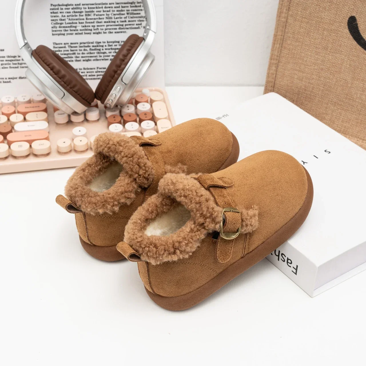 Kids Retro Faux‑Suede Winter Ankle Boots, Sherpa Cuff Adjustable Buckle Warm Fleece‑Lined Non‑slip Shoes