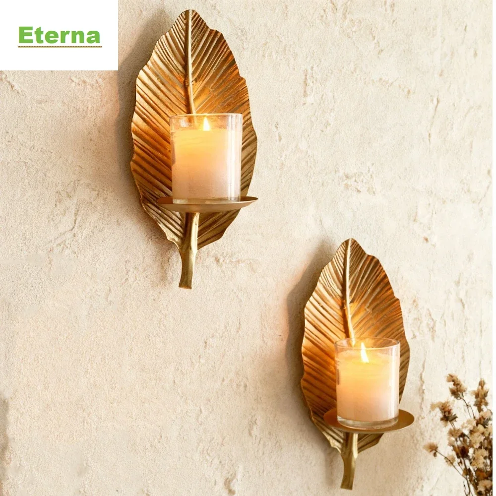 Gold Metal Wall Sconce, Foldable Leaf Design Candle Holder, Wall Mounted Hanging Holder for Living Room Bedroom Home Decor