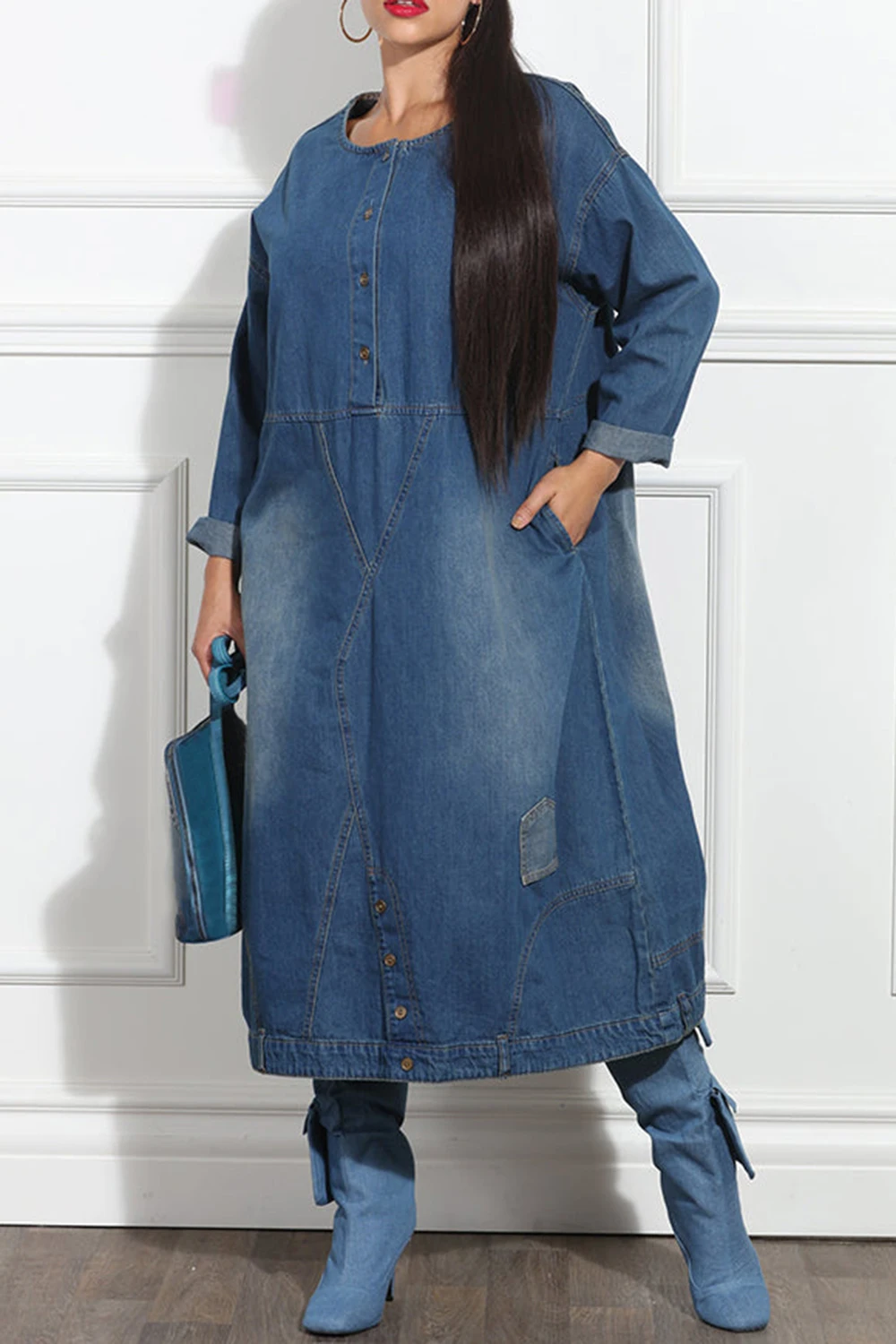 Plus Size Daily Blue Round Neck Long Sleeve Pocket Denim Midi Dresses for Women 2025