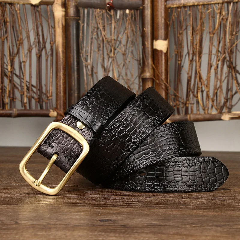 Men's High-End Retro Trendy Crocodile Pattern Embossed First Layer Cowhide Leather Belt with Pin Buckle Versatile Casual Denim A