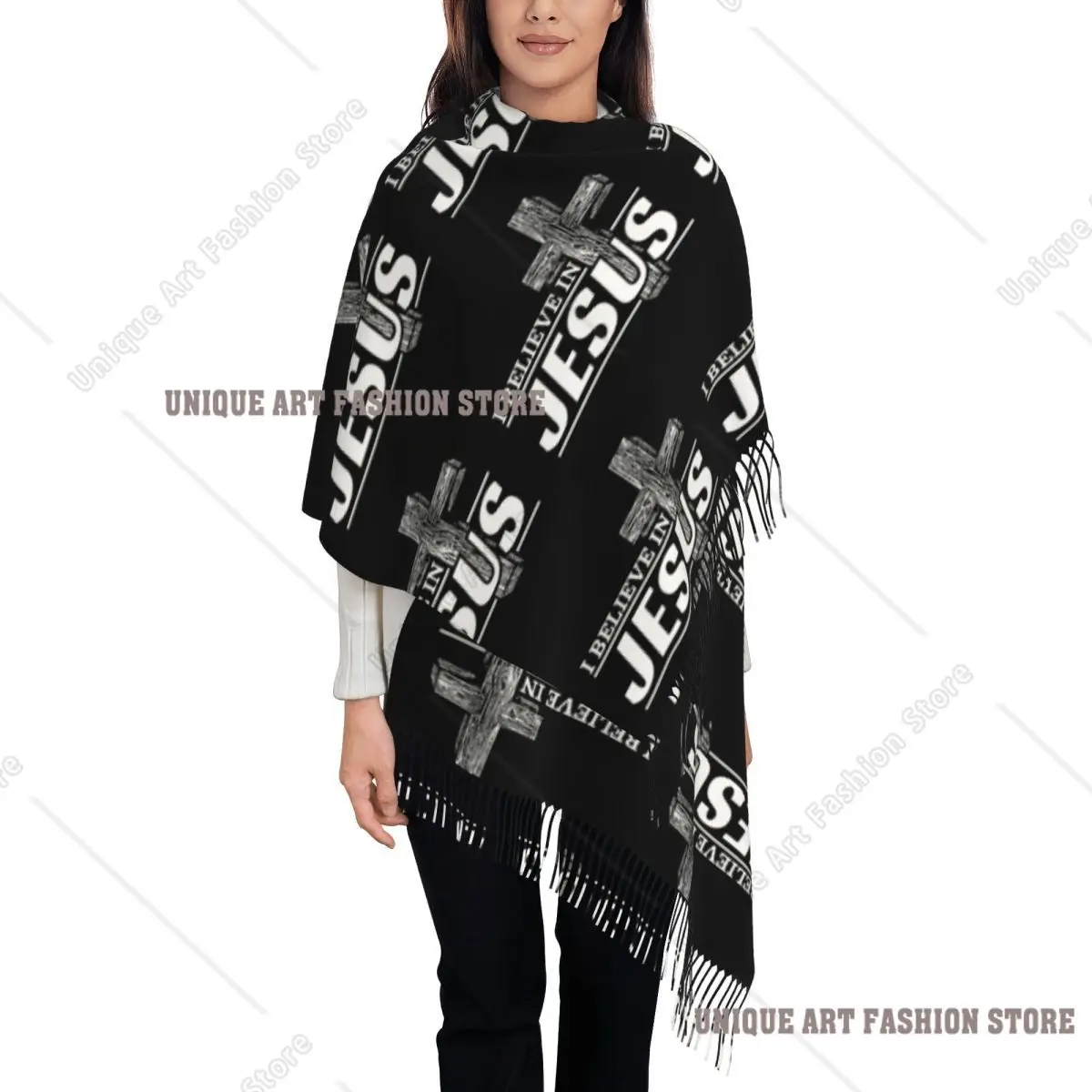 カスタムレディロング「イエス・キリストを信じる」スカーフ、女性用冬秋厚手暖かいタッセルショールラップ、キリスト教信仰スカーフ