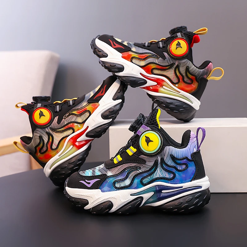 

Кроссовки для бега для мальчиков, красивые детские кроссовки с вращающейся кнопкой, толстая мягкая подошва, осень 2023, новая детская спортивная обувь, дышащая сетка