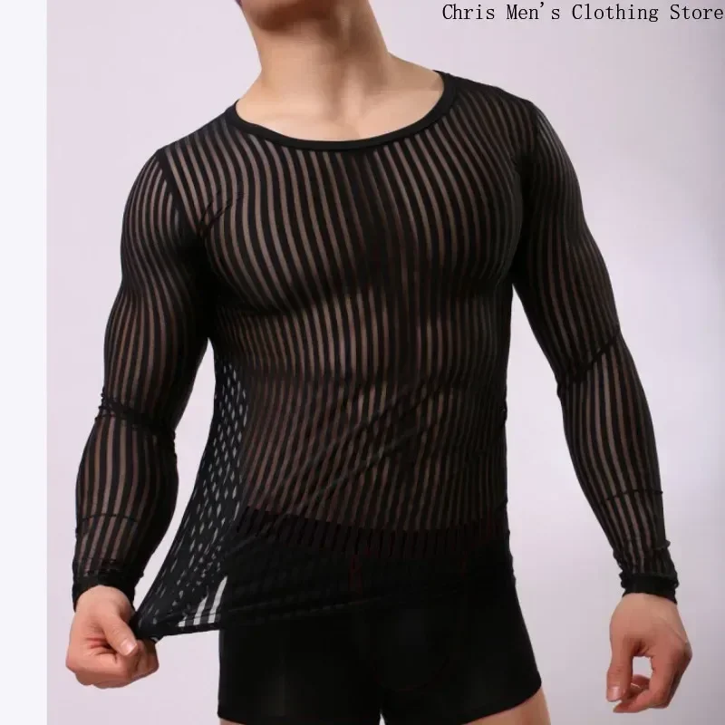 Men\'s Breathable Quick Drying Training Tight T-shirt Sexy See-through Men T-shirt Muscle Men Stretch Casual Base Long Sleeve Tee