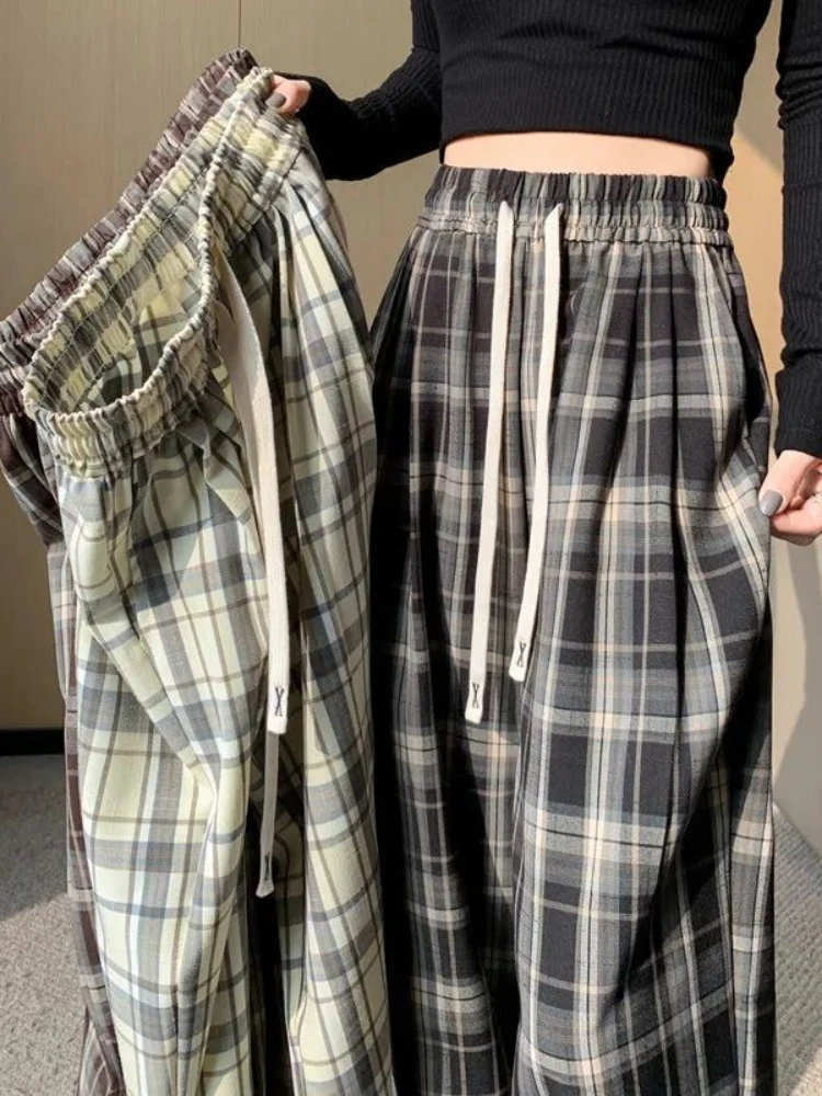 

British Style Plaid Pants Women High Waist Vintage Fashion Drawstring New Spring Summer Casual Full Length Basic Sporty Straight