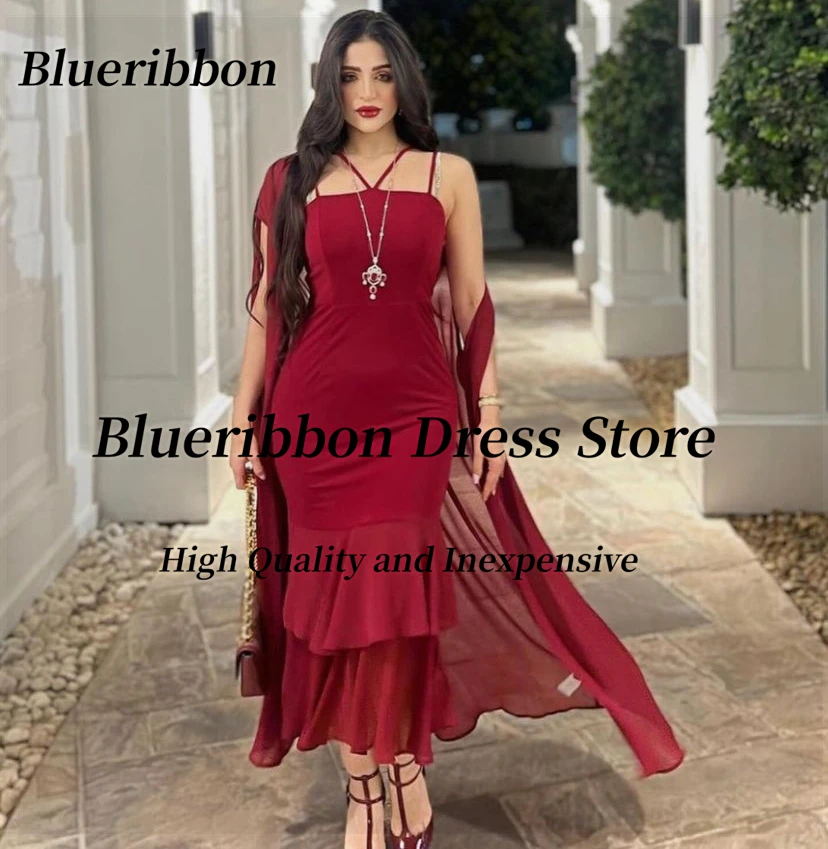 

Blueribbon Burgundy Mermaid Prom Dresses Summer Ladies Wear Spaghetti Straps Cocktail Party Evening Dress with Wraps Vestidos