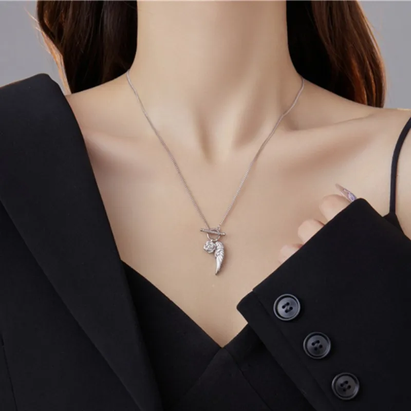 925 Sterling Silver Rose Flower Angel Wing Pendant Necklace For Women OT Buckle 49cm Link Chain Choker Necklaces 2023 New Gift