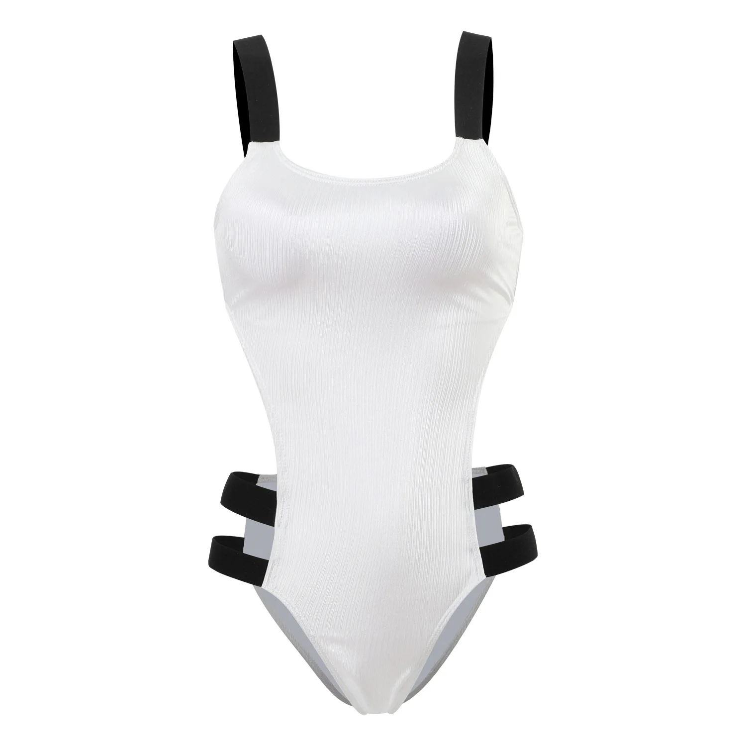 Weißer, gerippter Einteiler-Badeanzug für Damen, sexy, seitlicher Ausschnitt, Riemen, hohe Taille, Bikini, Bauchkontrolle, Monokini, Strand-Badeanzug