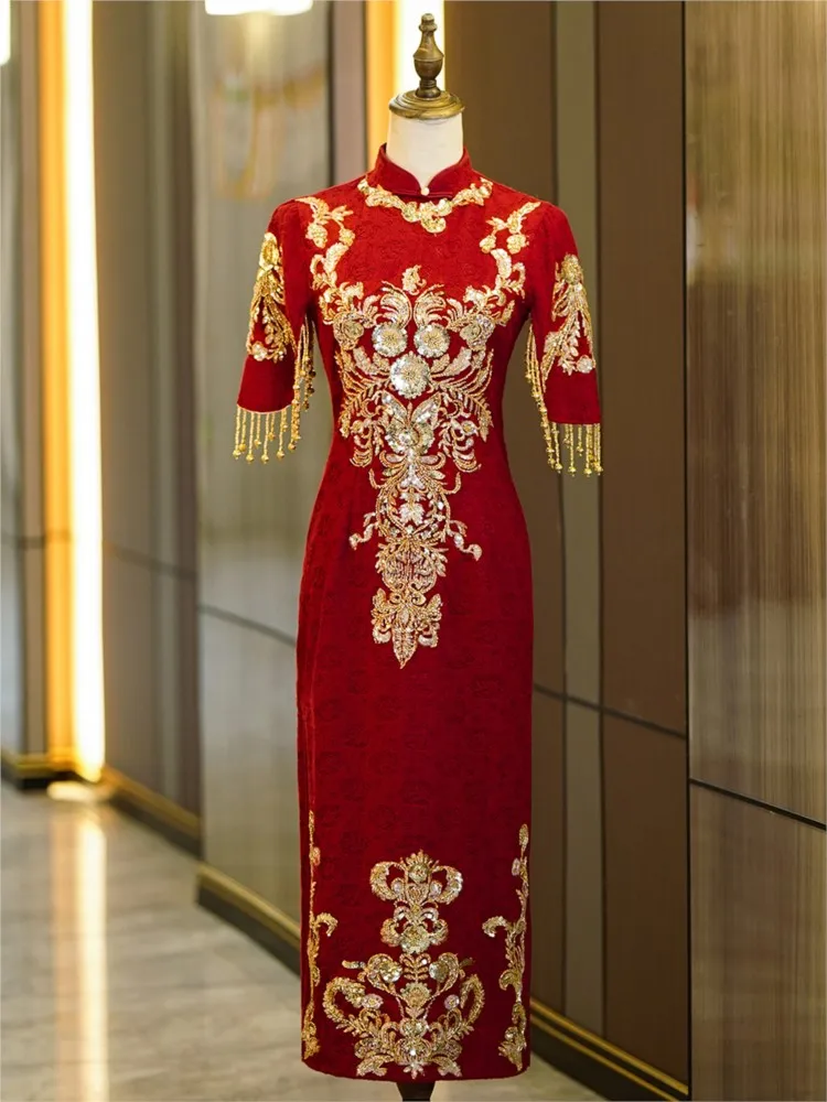 

Red cheongsam toasting dress new bride's return engagement heavy tassel sleeves