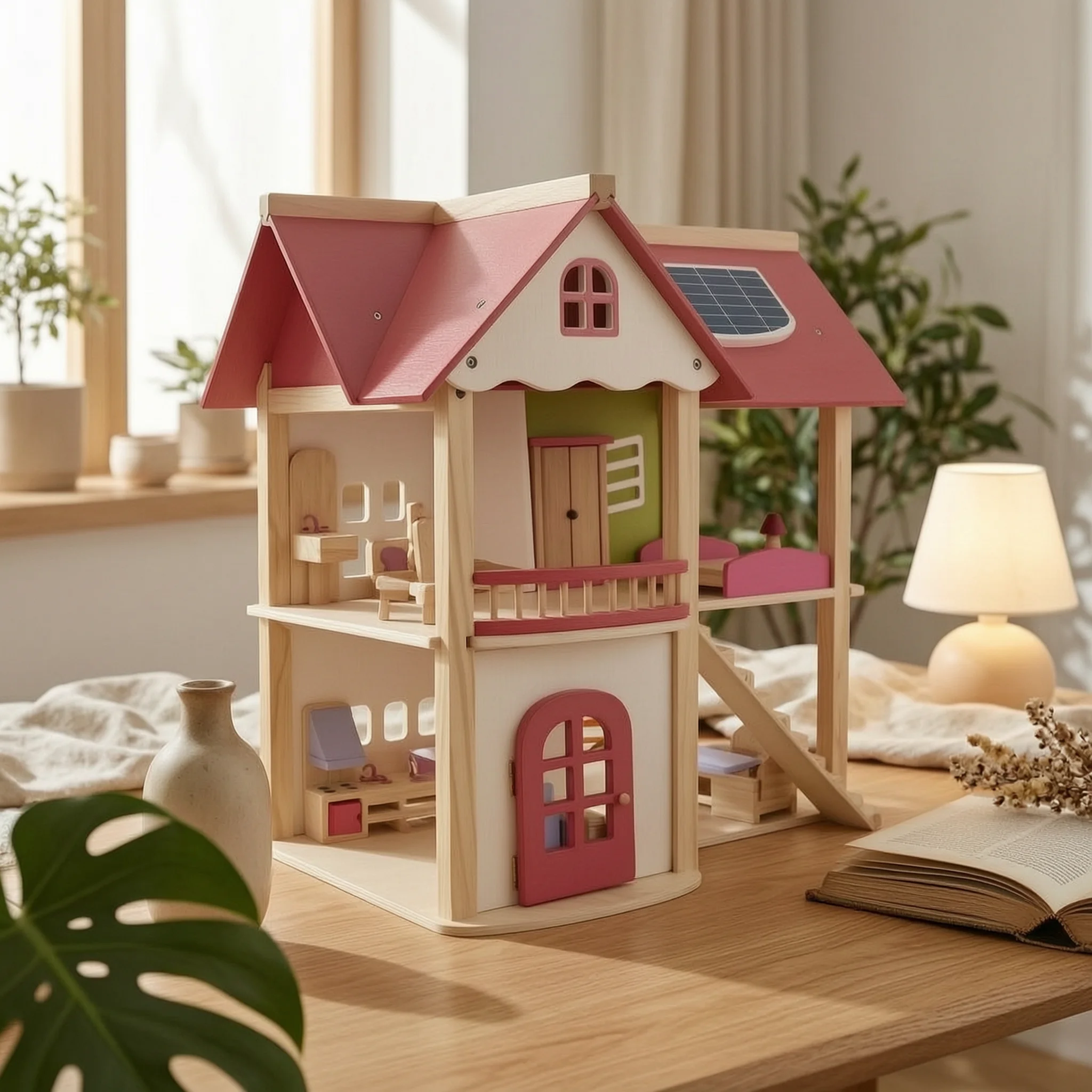 Wooden Dollhouse Staircase Open-Frame Dollhouse Kids Toy Decorative Backboard for Children