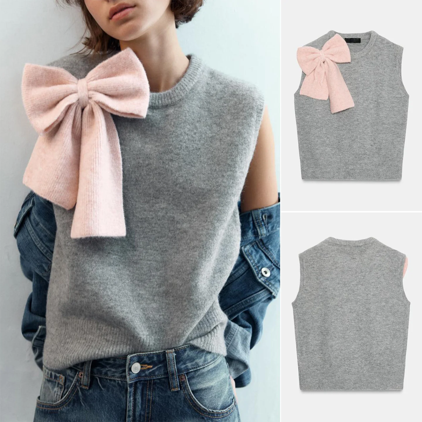 

Autumn Winter New Women's round Ne Svel Color Blo Knot Vest Sle Knitted Sweater ort Length Polyester