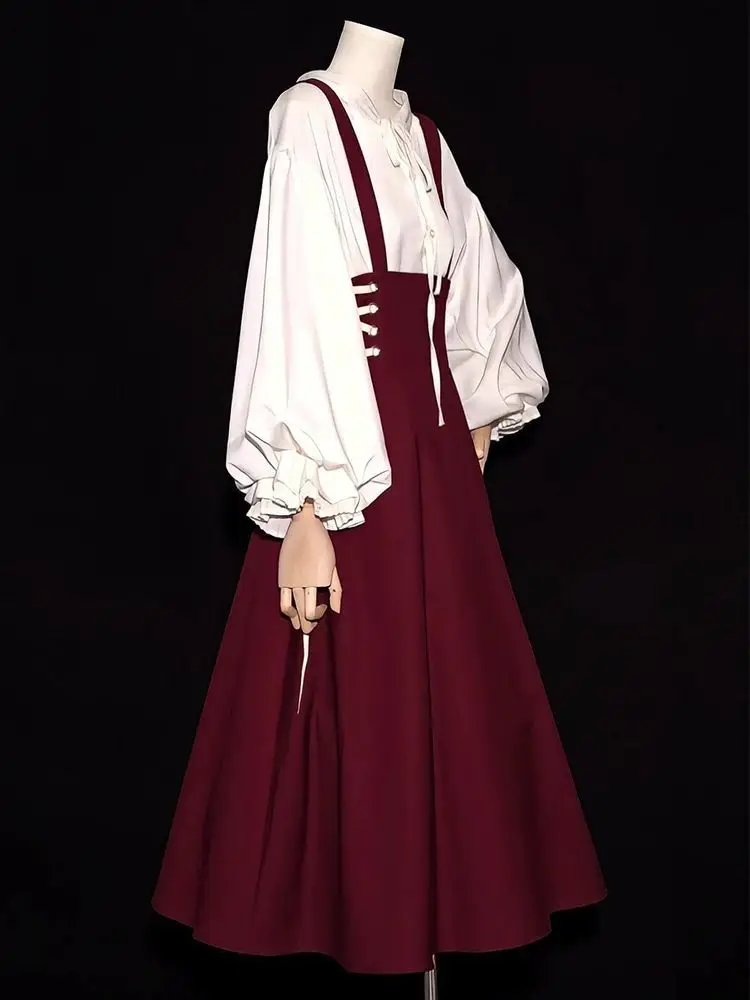 Coalfell French Retro Hepburn High Waist Lace-up Suspender Skirt Palace Style Bandage Long Skirt + Lantern Sleeve Shirt Suit