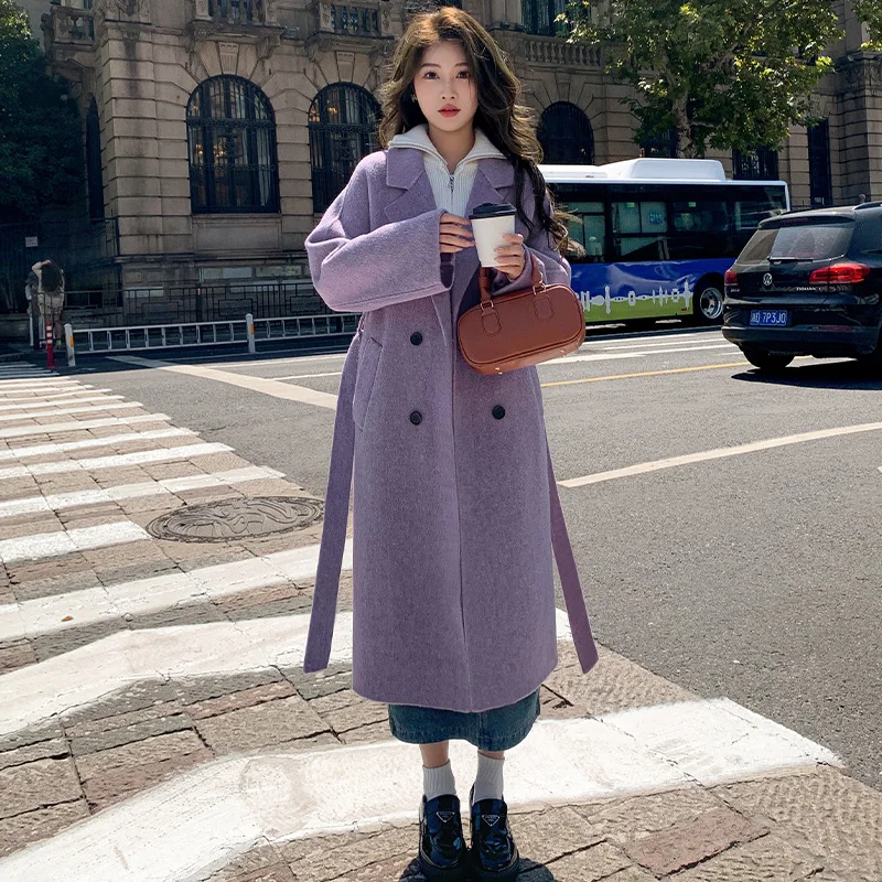 

Autumn and Winter Women's Tweed Jacket Korean Fashion Luxury Double-breasted Loose Oversized Lace-up Warm Long Coat Women