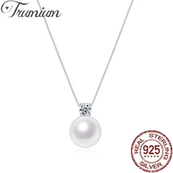 Trumium 12mm 925 Sterling Silver Pearl Pendant Necklace for Women Dainty CZ Chain Cultured Pearls Choker Necklaces Jewelry