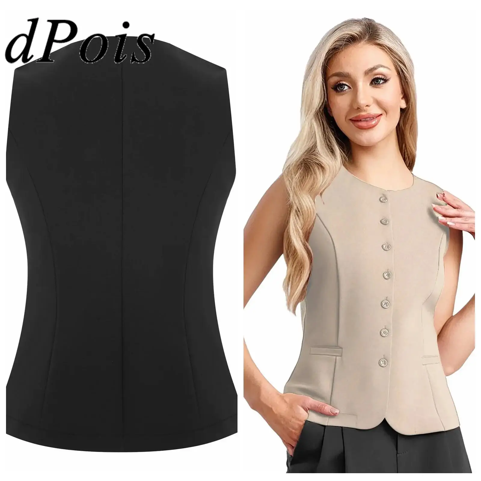 

Women Fashion Vests Solid Color Button Closure Sleeveless Waistcoat Office Work Vest for Meeting Commute Party Tops Mujer