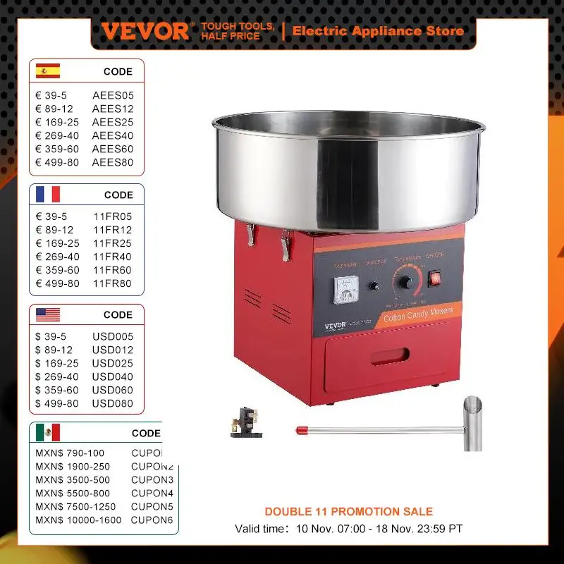 

VEVOR 1000W Electric Cotton Candy Machine Commercial Candy Floss Maker with Stainless Steel Bowl Sugar Scoop and Drawer Red Blue