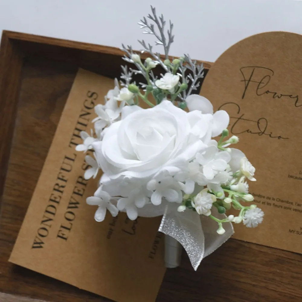 

White Boutonniere for Groom and Wrist Corsage boutonnière mariage homme Marriage Wedding Accessories Women's Wedding Props