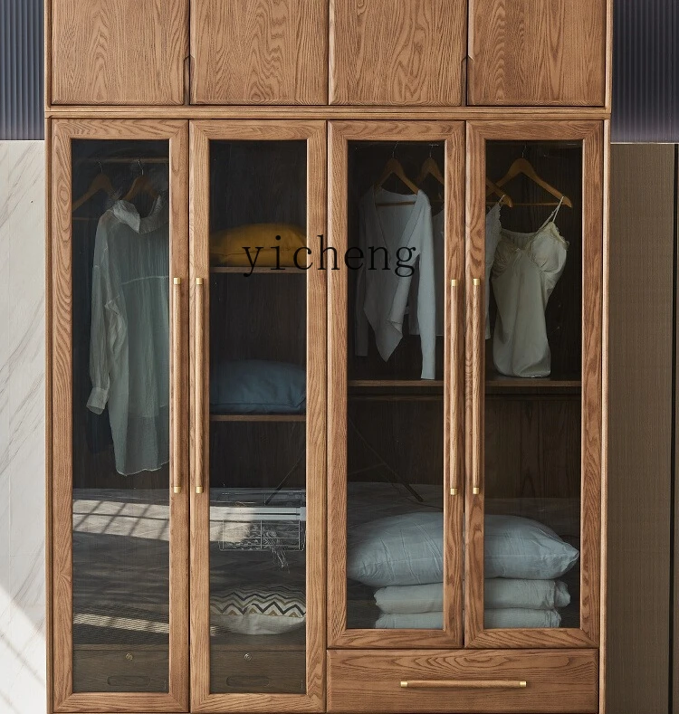

ZYA Solid Wood Glass Door Wardrobe Modern Simple Home Bedroom Cloakroom Flat Door Storage Cabinet