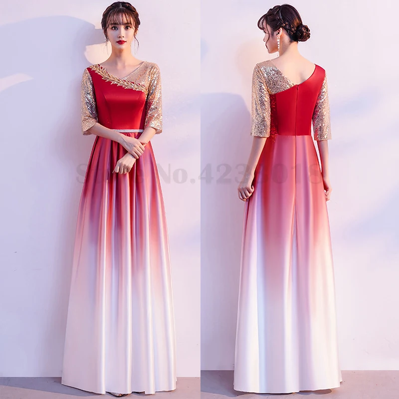 

Sexy V-Neck Banquet Dress Classical Gentle Long Vestidos New Chinese Style Red Wedding Party Qipao Women Elegant Cheongsam 4XL