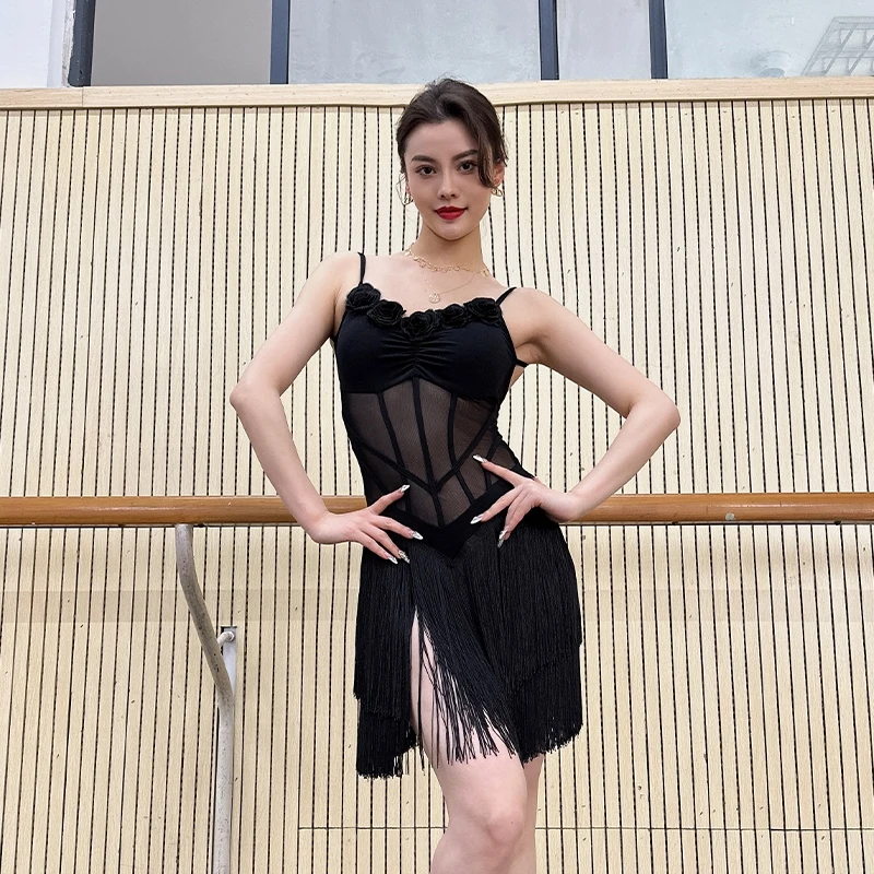 

Latin Dance Suspender Floral Dress Mesh Patchwork Tassel Skirt Backless Dress Training Clothes Samba Tango Dacne Wearing DQL9706