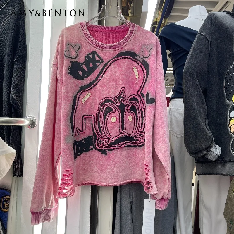 European Autumn New Kawaii Sweatshirt Heavy Industry Cool Sequin Long Sleeves Jacket Fun Printed Top Sudaderas Streetwear Women