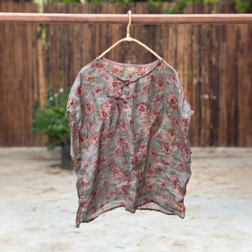 

Sleeveless Floral Printed Women's Blouses Summer 2025 Chinese Style Vintage Lace Up Daily Fashion Tanks Elegance Casual Shirt