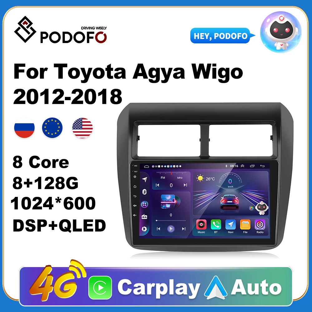 

Podofo Wireless CarPlay Andorid Auto Car Radio For Toyota Agya Wigo 2012-2018 AI Voice Multimedia GPS 2din autoradio