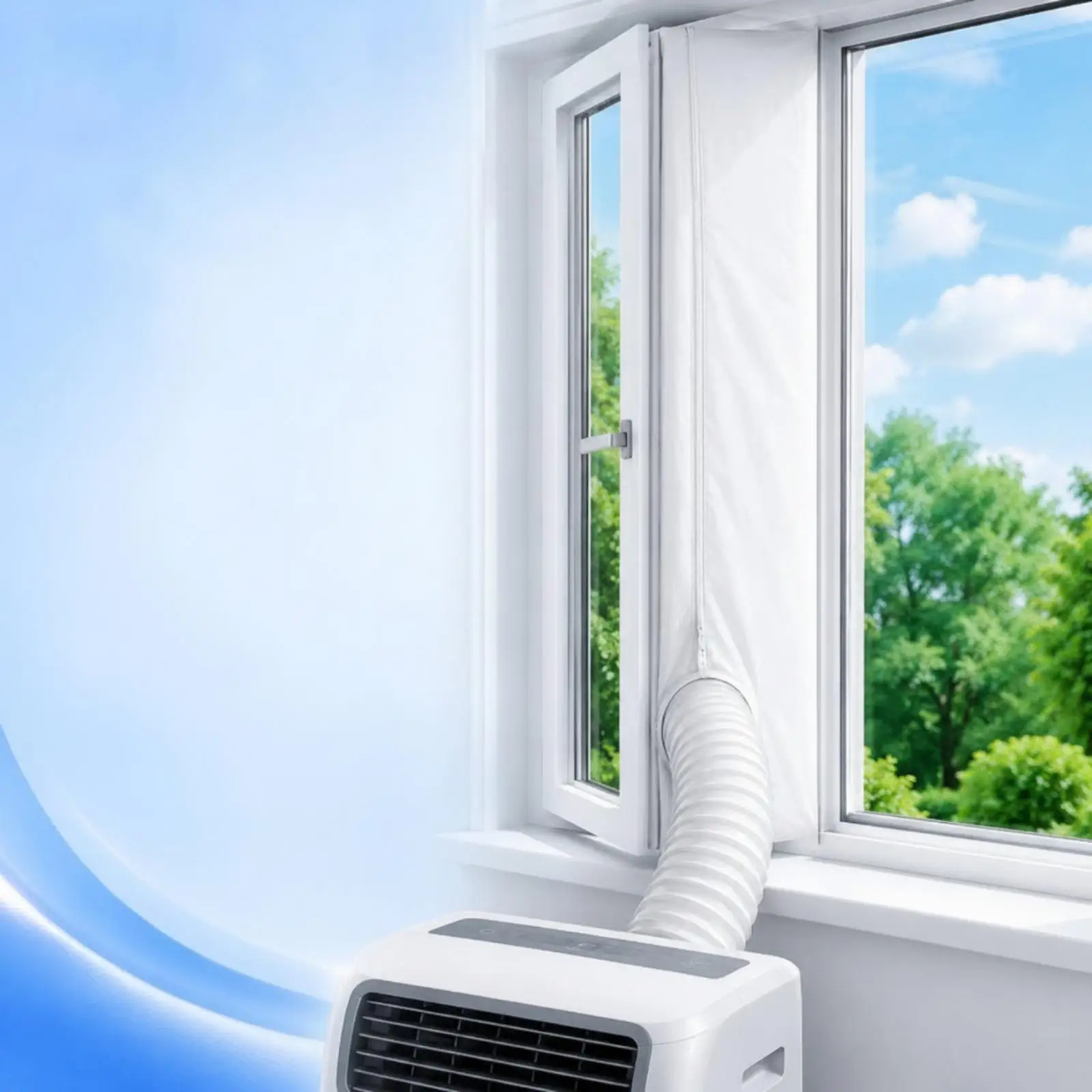 Picture 4: Portable Air Conditioner Window Barrier Easy to Install Window Sealing Cloth with Zipper No-Tool for Renters, Push-Style Window