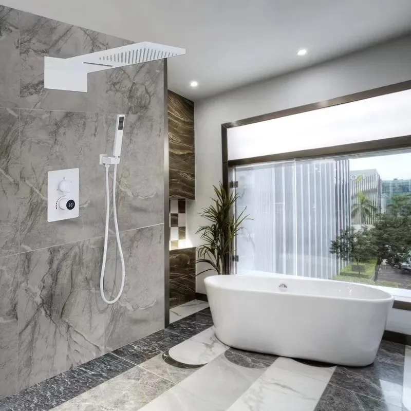 Minimalist Copper Shower System with Embedded White Ceiling and Hot and Cold Digital Display for Home and Hotel