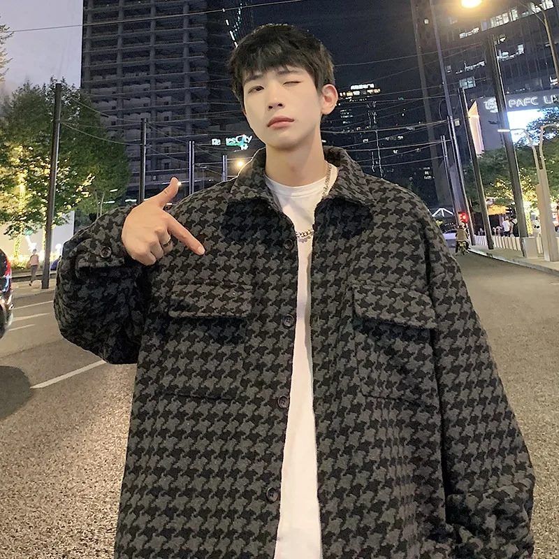 Men Houndstooth Tweed Shirt Jacket Lapel Collar Button Up Loose Oversized Vintage Casual Streetwear Male Outer Coat