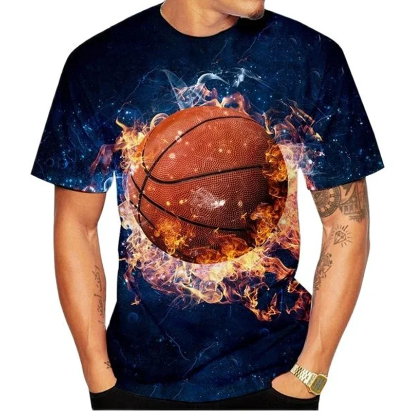 2024 New Hip Hop Creative Flame Basketball Print Men's T-shirt Summer T-shirt Outdoor Basketball Training Top Men's Round Neck