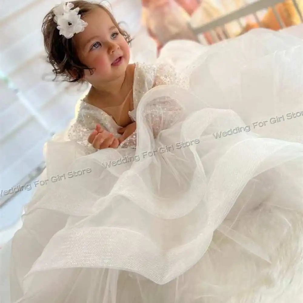 Vestido blanco de bautismo para niña pequeña, traje de princesa con lentejuelas y volantes para primer cumpleaños y sesión de fotos