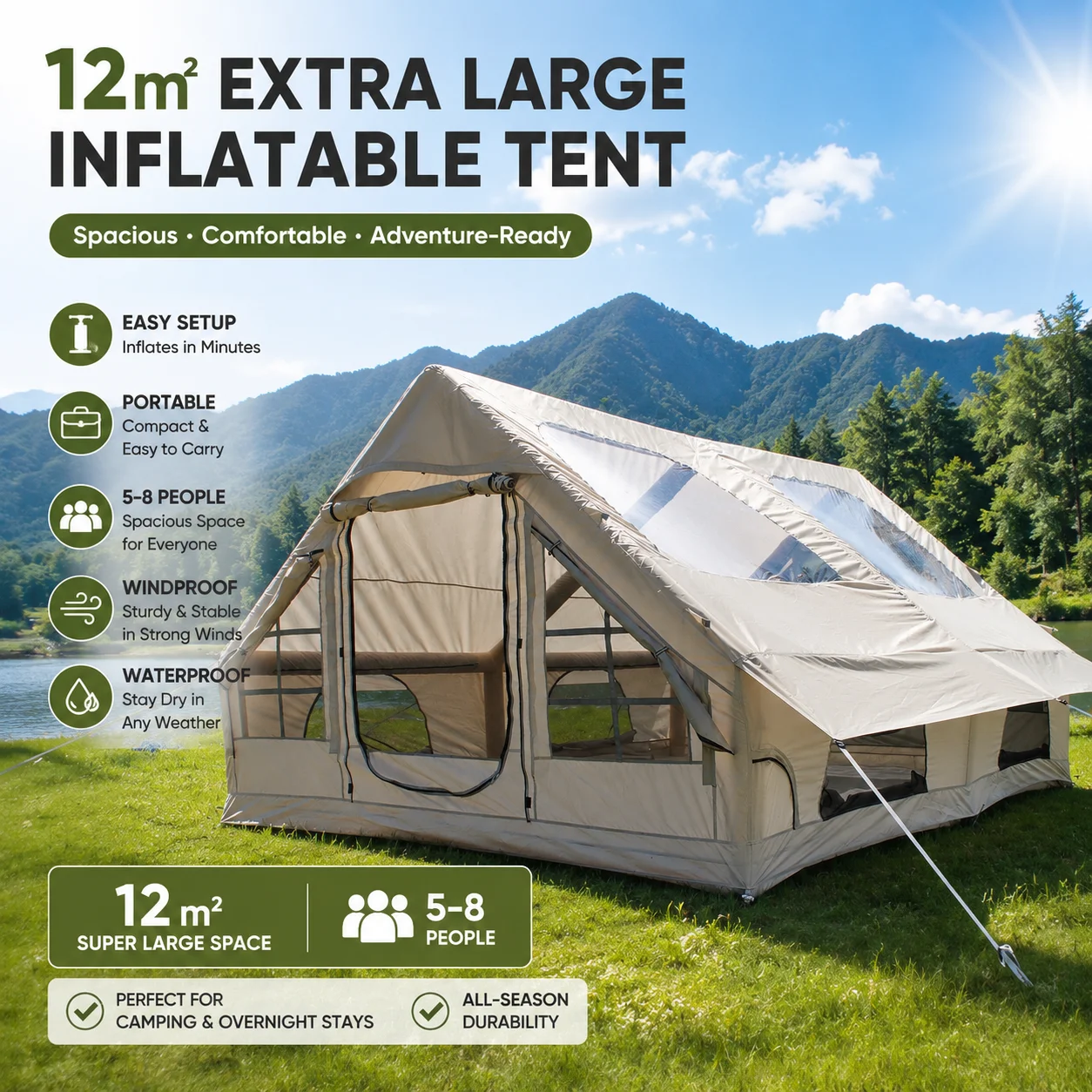 Inflatable Camping Tent with Hand Pump Waterproof Outdoor Blow up Tent 12 Person Glamping Air Tent Cabin House with Skylight