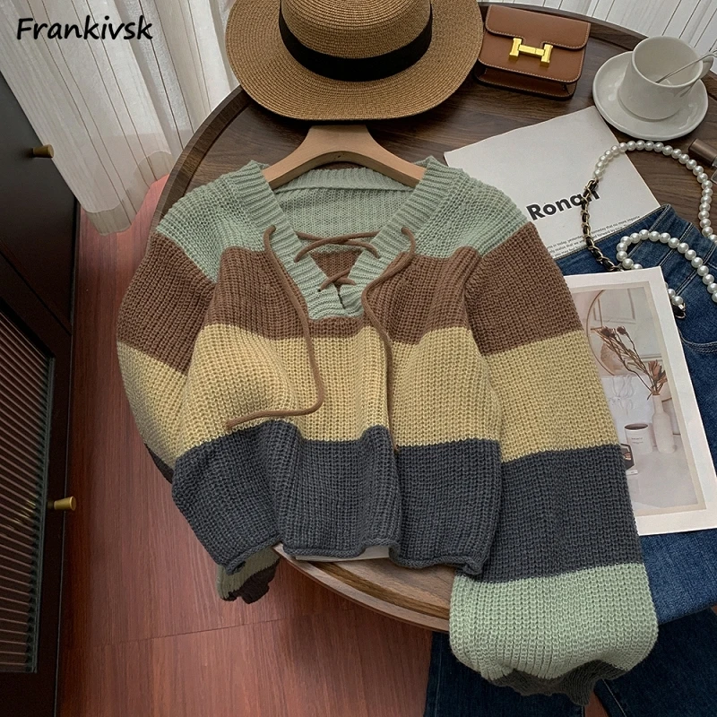 

Cropped Pullovers Women Lace-up Vintage Knitted Striped Sweaters Casual Warm Autumn Winter Soft Ulzzang Classic New Sueter Mujer