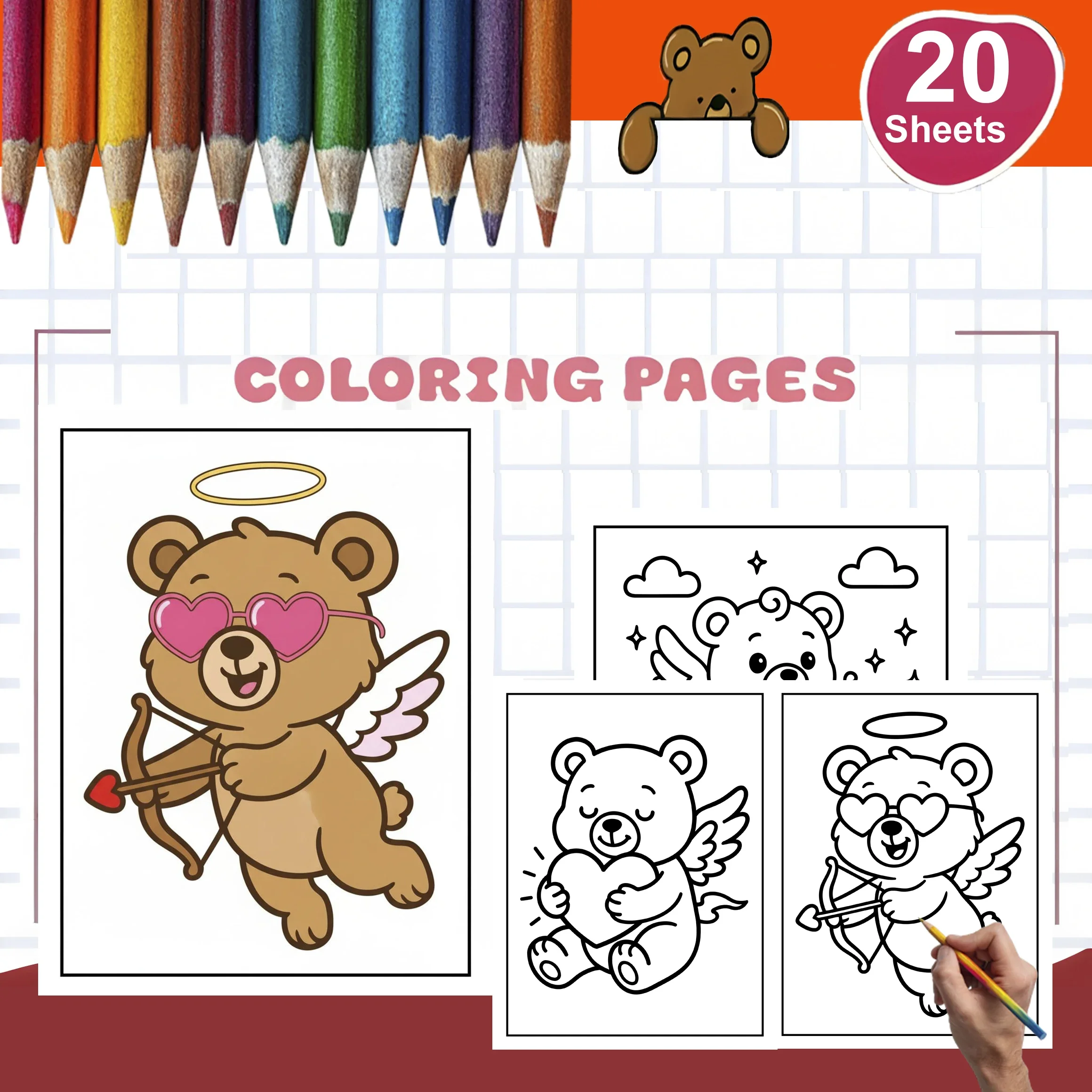 20 Sheets Little-Cupids A5 Coloring Book Paper Sheets for Adult, Colouring Paper Sheets for Valentine's Day Gifts
