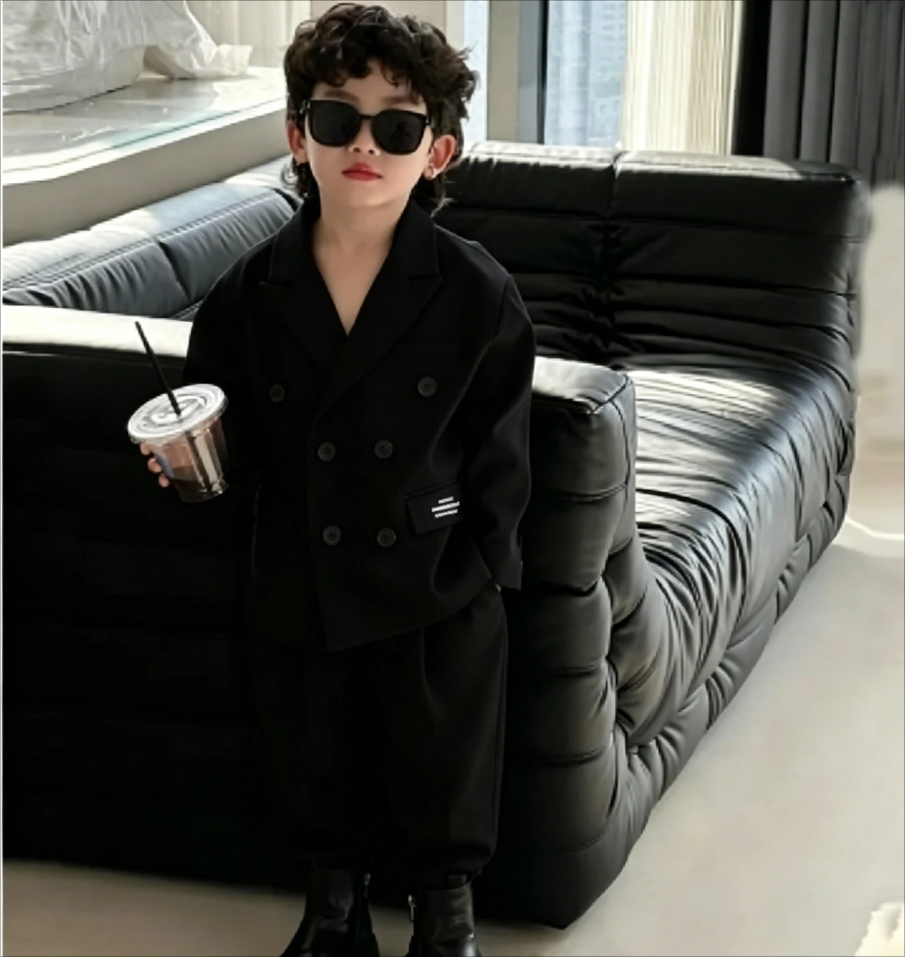 

Summer Autumn Boys Two Piece Set Suit Full Sleeve Top Long Pant Cool Outdoor Loose Fashion Turn-down Collar