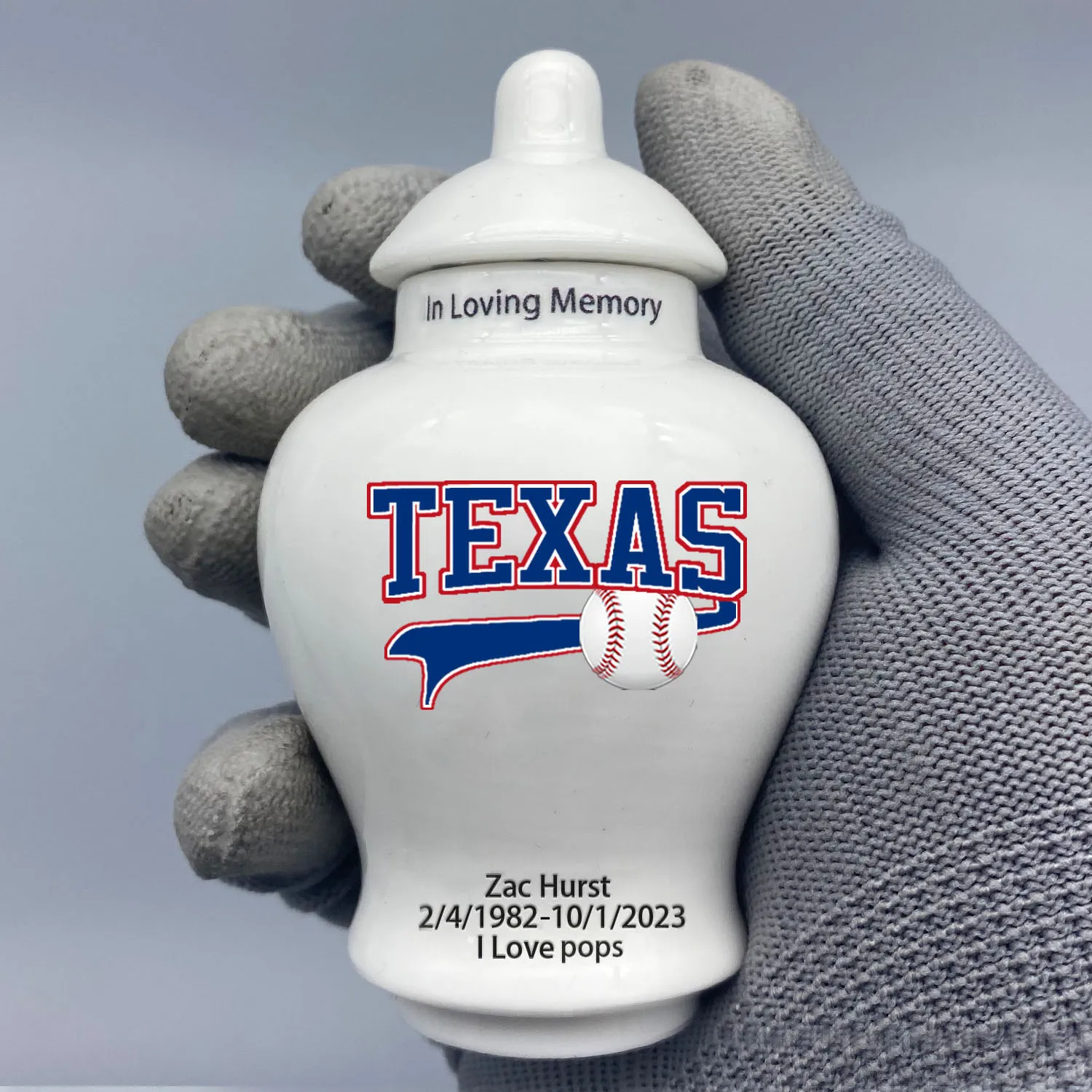 Mini Urn for Texas Rangers-Baseball themed.Please send me the customization information - name/date and number on the urn