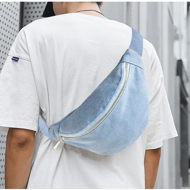 

men Trendy Convertible Denim Waist Bag | Unisex Lightweight Crossbody Backpack for Outdoor Sports, Hiking & Travel