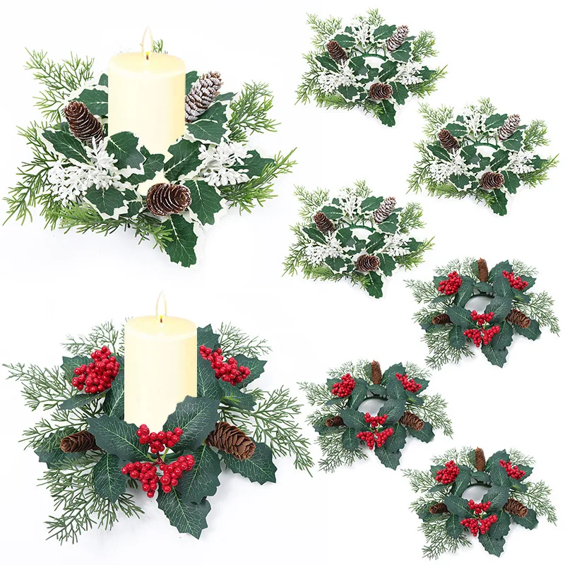 Weihnachtsdekorationen für Zuhause, Kerzenhalter, Blumengirlanden, kreative Desktop-Esstisch-Arrangements, Weihnachtskerzenringe