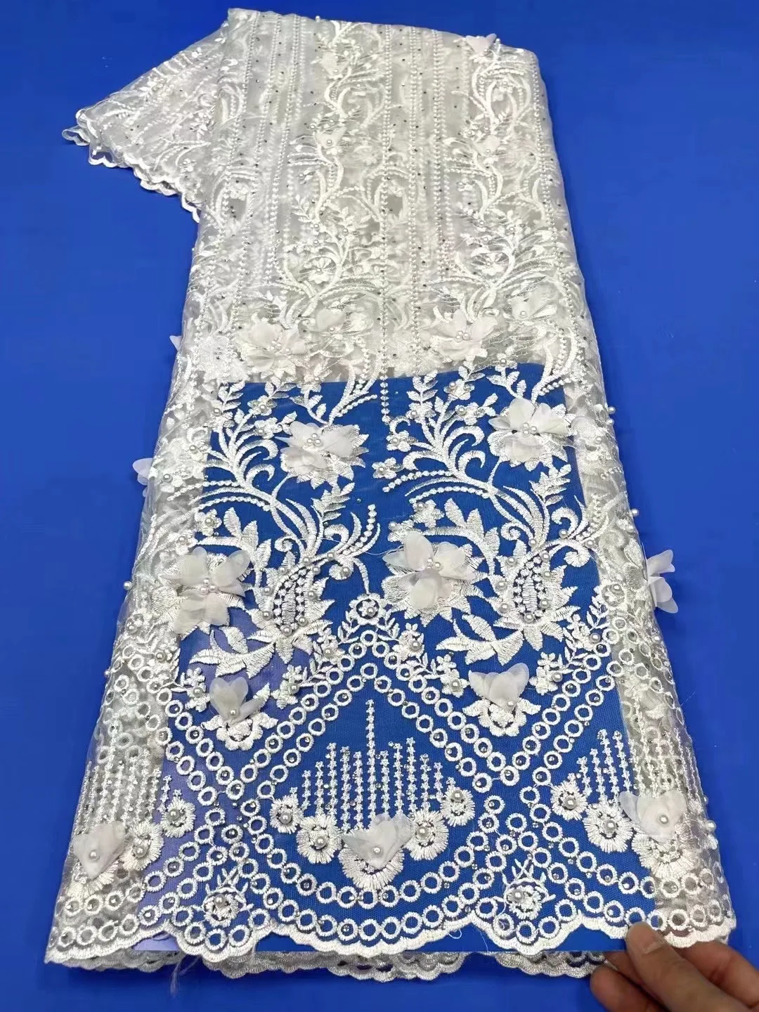 

White 3D Beads Lace Fabric 2022 High Quality Mesh Embroidery Applique 3D Flowers Tulle Nigerian Lace Fabric For Bridal KSY2208A