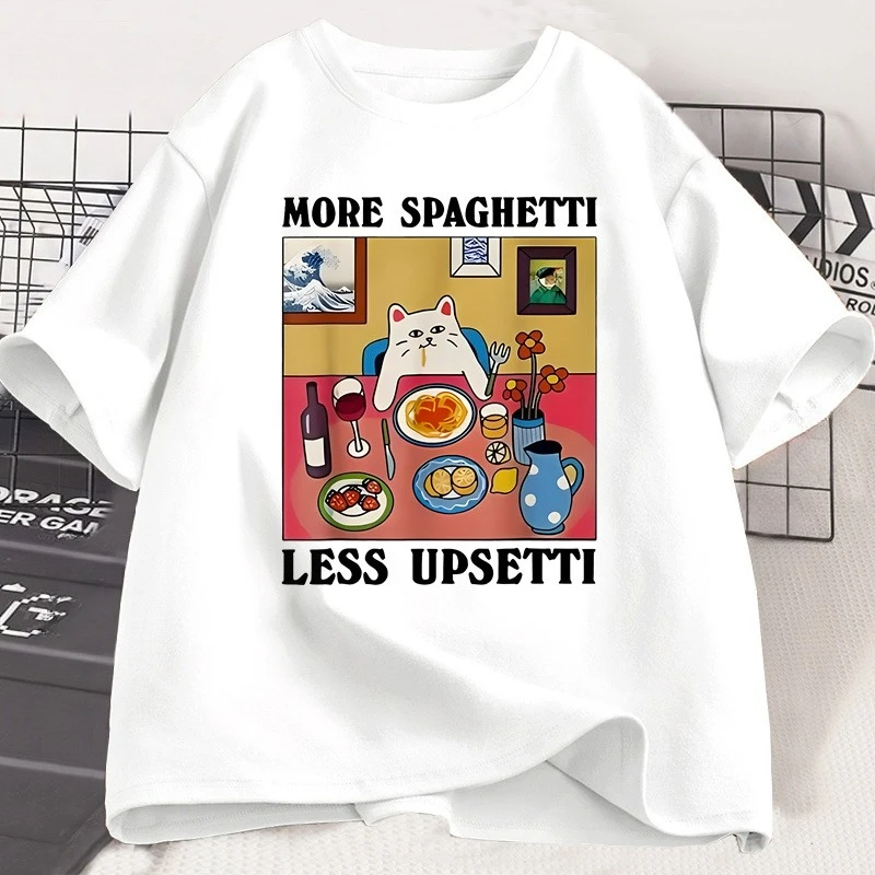 المزيد من السباغيتي أقل Upsetti مضحك القط تي شيرت الرجال النساء مطبوعة تي شيرت Harajuku س الرقبة القطن قصير الأكمام تي شيرت القط عاشق