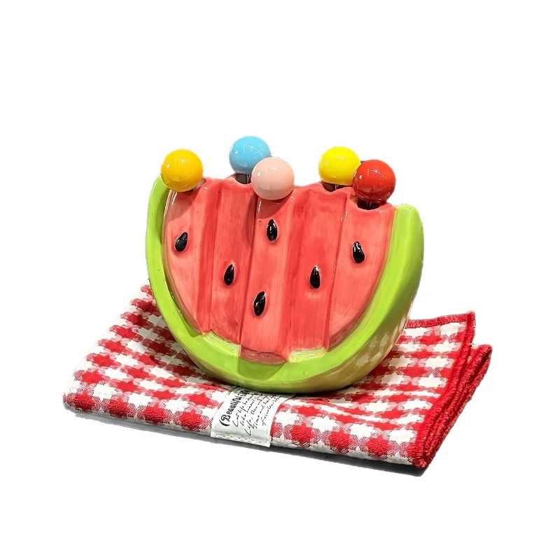 

Ceramic watermelon fruit fork household stainless steel light luxury high-end storage tank