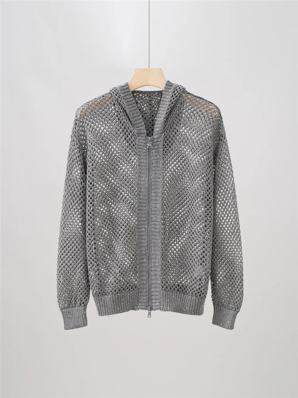 

25 Early Autumn New linen Sequin Hollow Knitted Hooded Zipper Cardigan Casual Versatile Top For Women