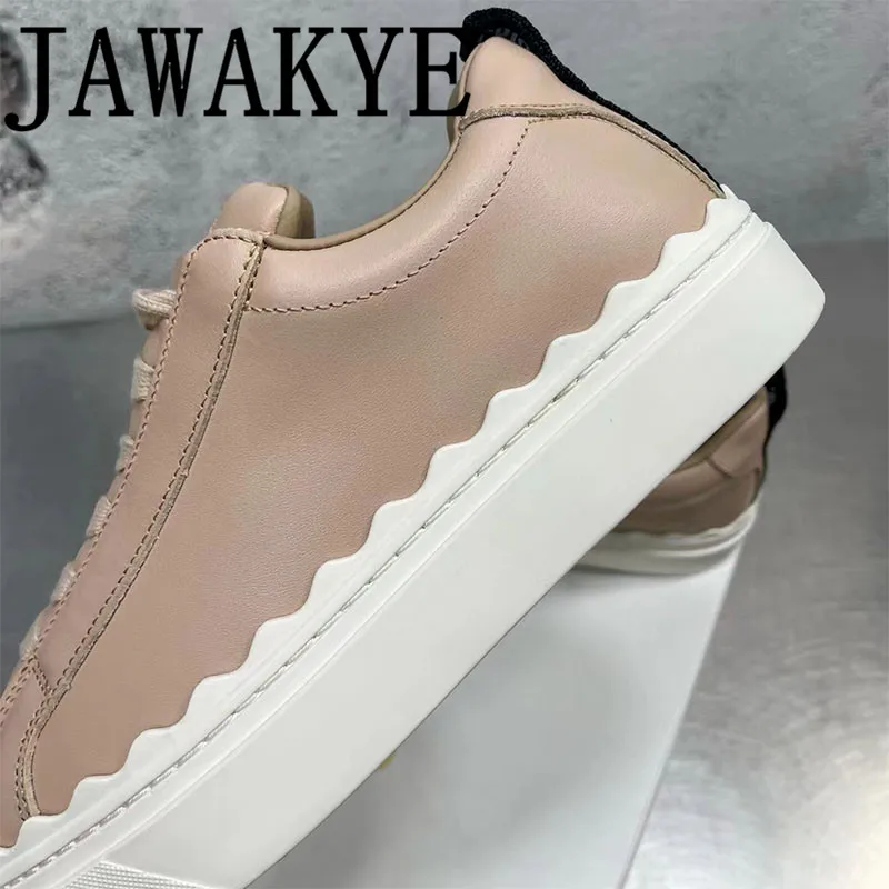 JAWAKYE Genuine Leather Flat Sneakers Women Running Trainer Causal Shoes Thick sole Round Toe Lace Up White Walking Shoes Ladies