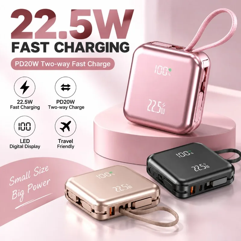 20000mAh Power Bank,120W  Fast Charge Built‑in Cable Ultra Compact Portable Mobile Power for Cell Phone Travel Home Daily