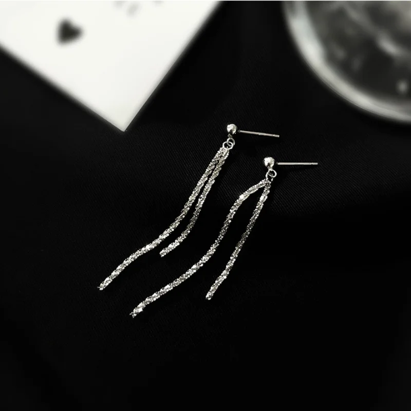 Korean Silver Color Shiny Long Chain Earrings for Women Trendy Tassels Dangle Earrings Simple Female Personality Jewelry Gifts