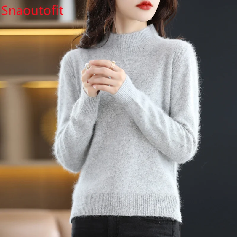 Half-High Collar Pure Mink Cashmere Sweater Women\'s Long Sleeve Top Autumn and Winter Warm Loose Knit Pullover Solid Color Base