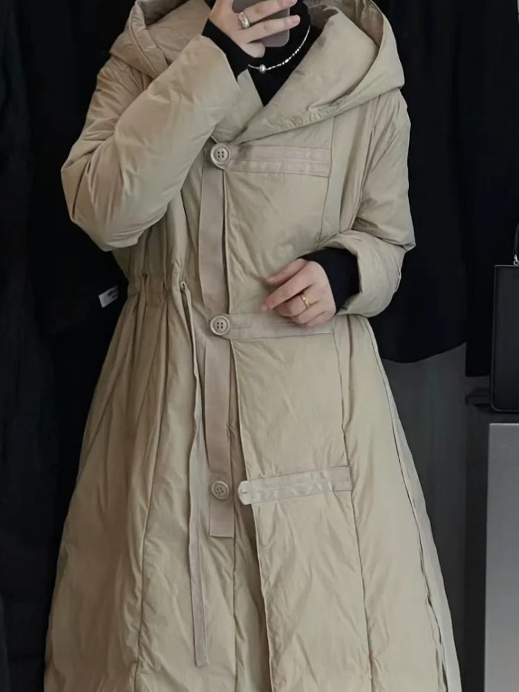 Veste longue en duvet de canard blanc pour femme, vêtements à capuche, taille légère, style chinois féminin, grande taille, ample, décontracté, hiver