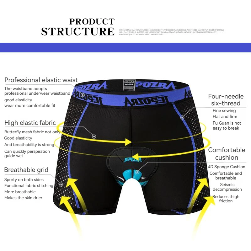 JEPOZRA Breathable Cycling Shorts for Men, 4D Gel Pad, Shockproof Bike Panties, Mountain Bike, Road Bike Underwear